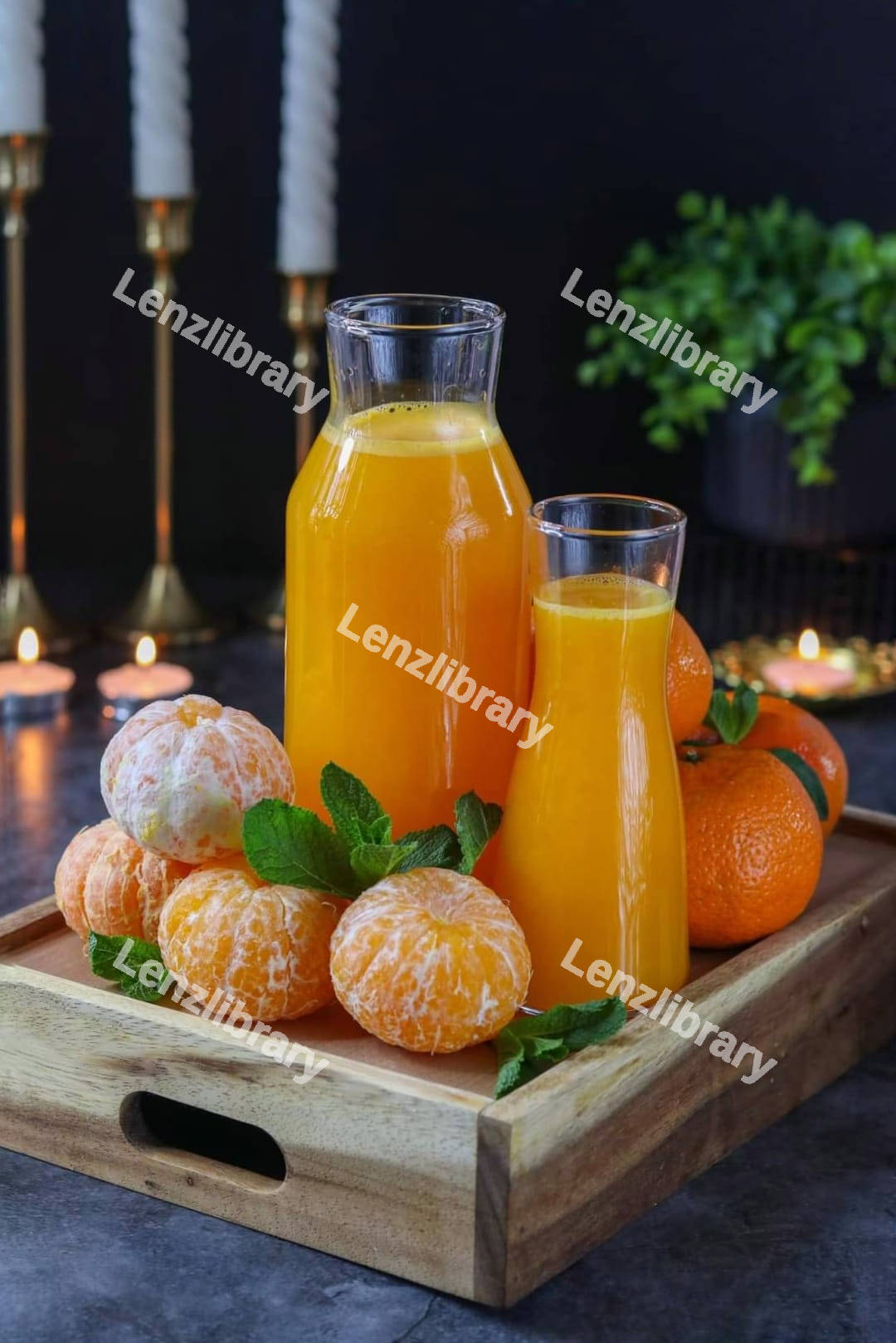 Tangerine Juice on a wooden tray
